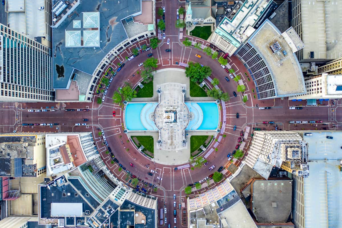 Monument Circle in downtown Indianapolis, Indiana photographed from directly overhead, with the Soldiers and Sailors Monument at the centre of the roundabout
